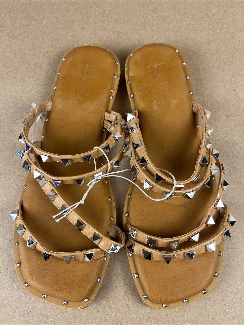 NWOT Nicole Miller Studded Tan Strappy Slide Sandals Women size 7.5 - Picture 3 of 7